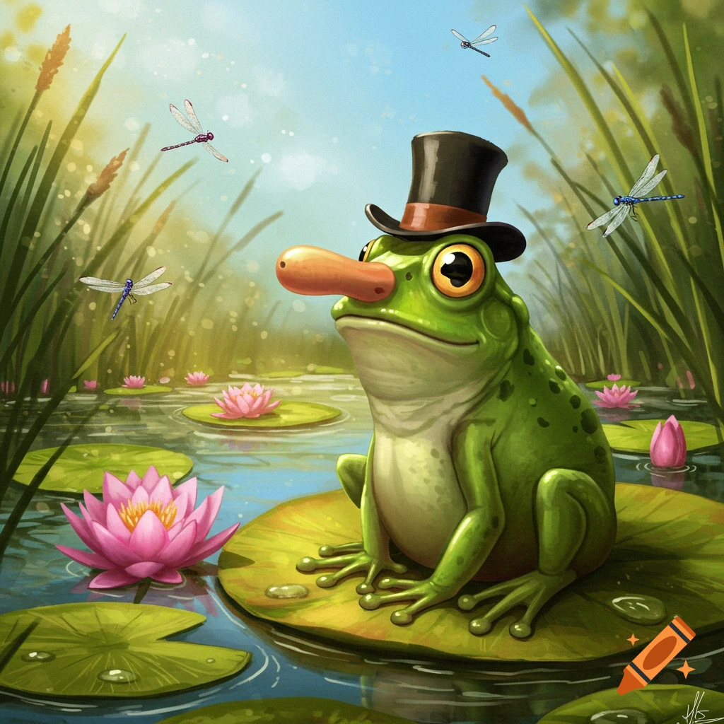 A whimsical green frog wearing a black top hat and a long orange nose sits on a lily pad in a pond with pink water lilies and dragonflies under a blue sky.
