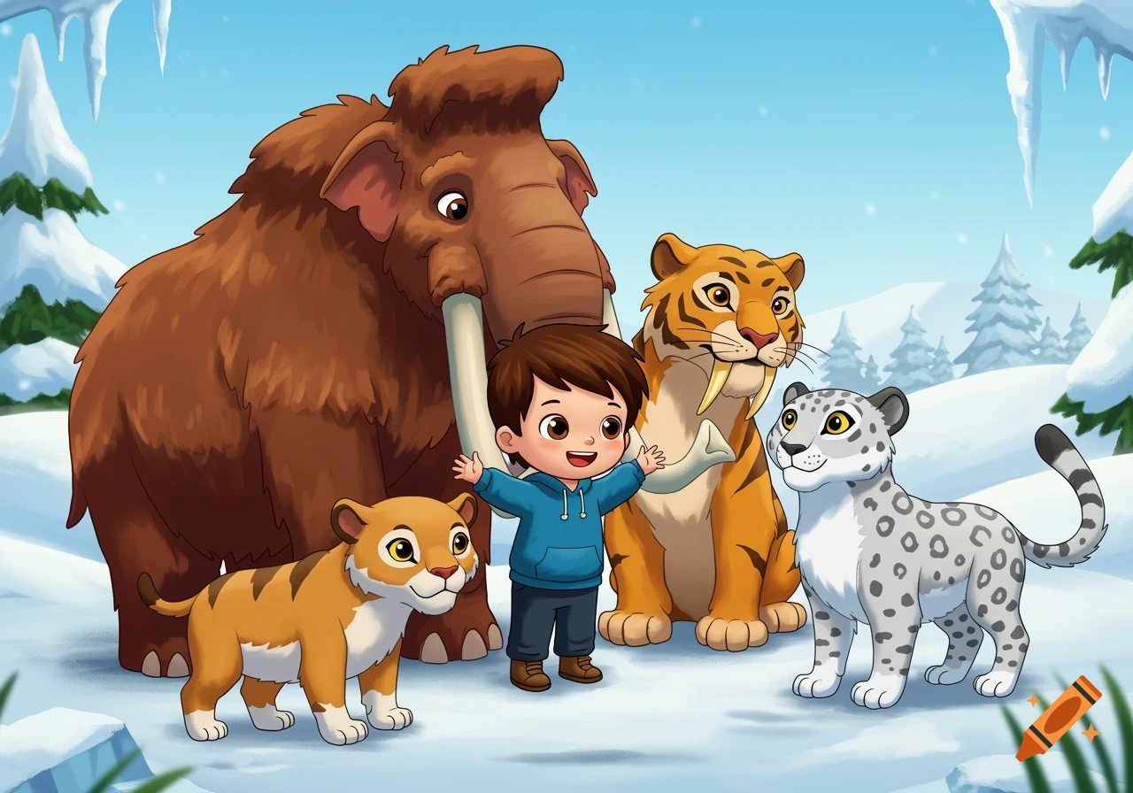 Cartoon boy stands with a friendly woolly mammoth, sabre-tooth tiger, and snow leopard in a snowy landscape.