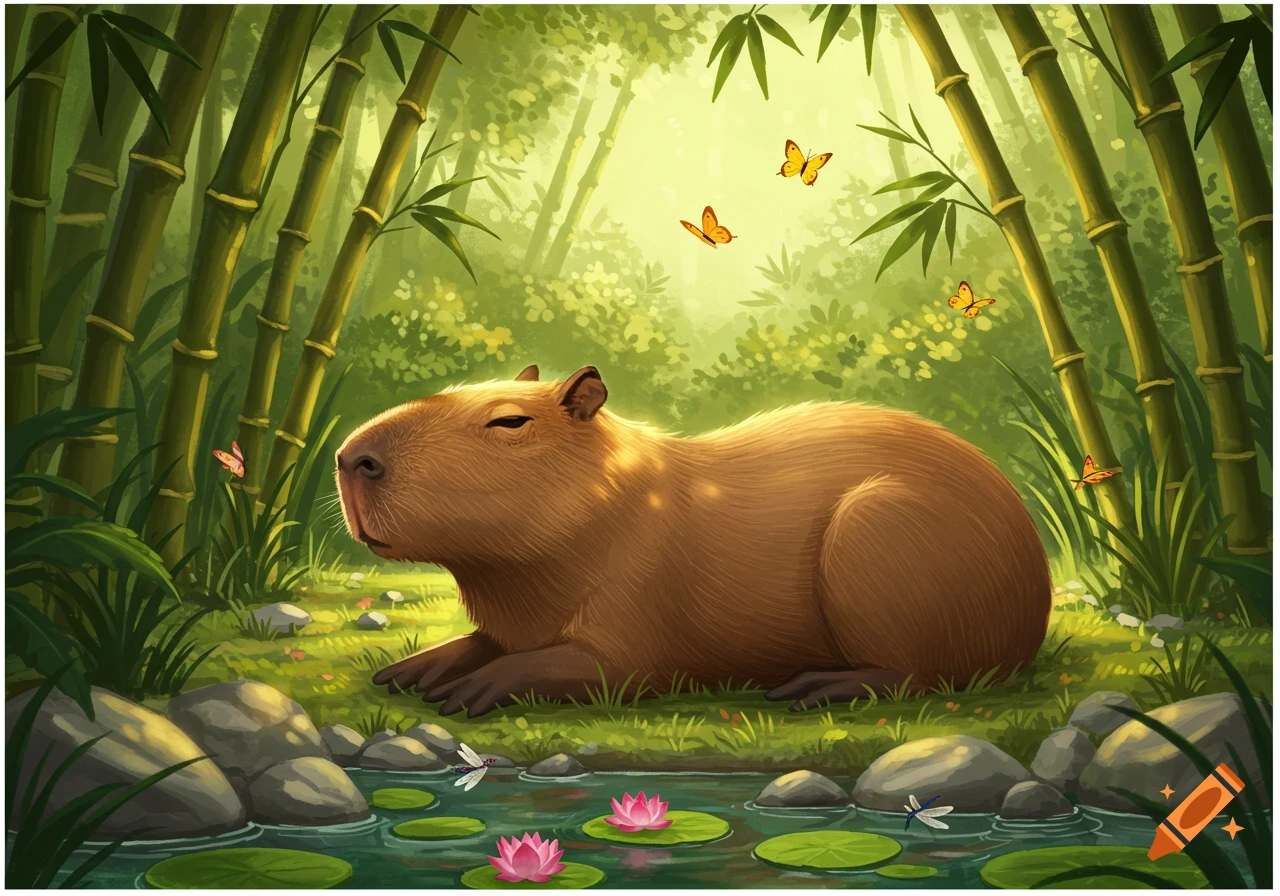 Illustration of a capybara resting by a pond with water lilies in a bamboo forest with butterflies.