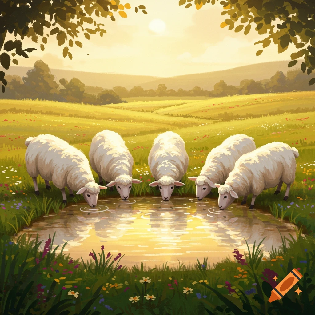 Five white sheep drink from a pond in a sunny, green, illustrative countryside.