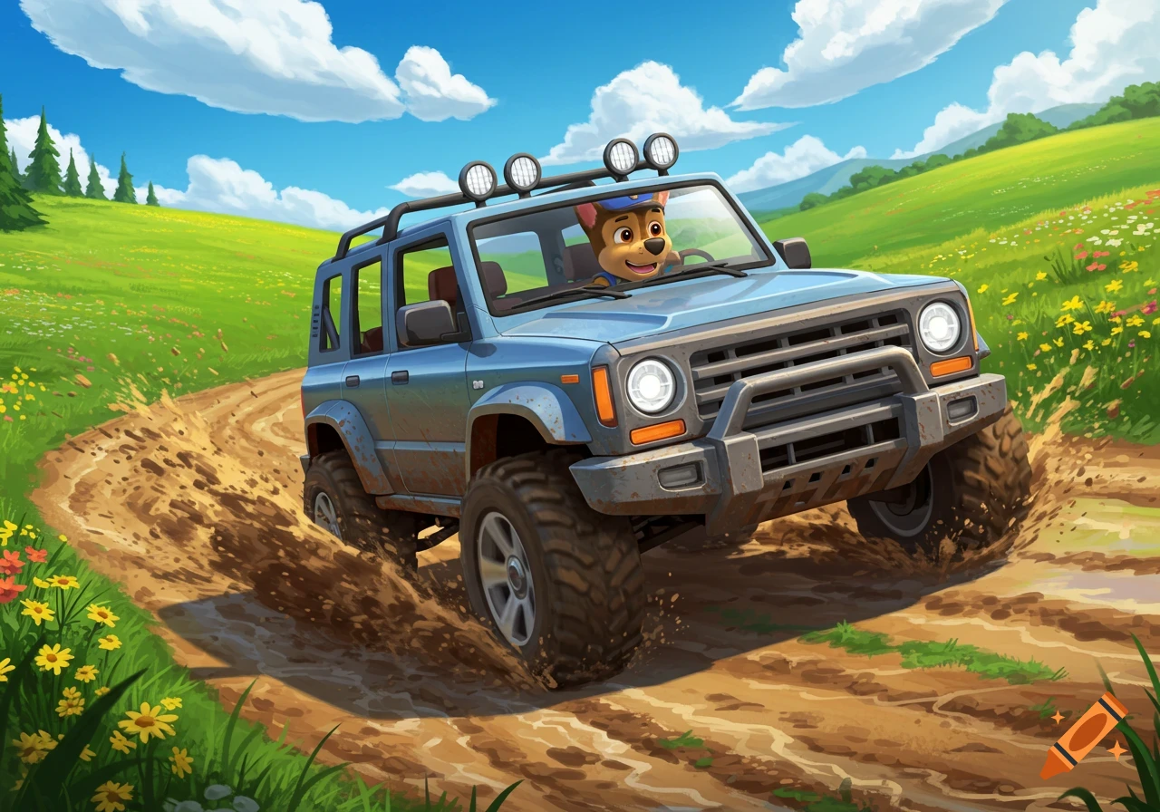 Cartoon of Chase from Paw Patrol driving a blue off-road jeep through a muddy path in a vibrant green field.