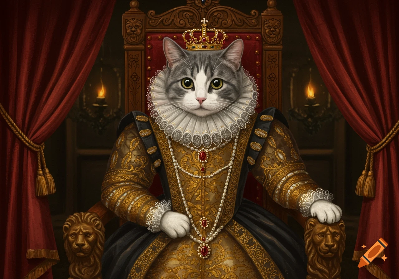 A regal gray and white cat in an ornate Elizabethan gown and crown sits on a golden throne with red curtains.