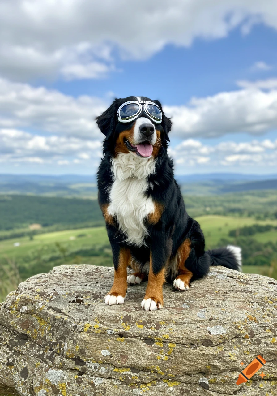 A photorealistic Bernese Mountain Dog wearing silver goggles sits on a large rock overlooking a green mountain landscape under a cloudy sky.