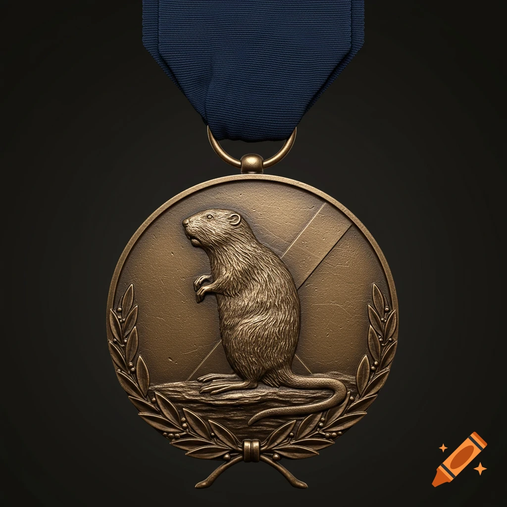 A close-up, photorealistic view of a bronze military campaign medal with a beaver embossed on it, hanging from a blue ribbon.