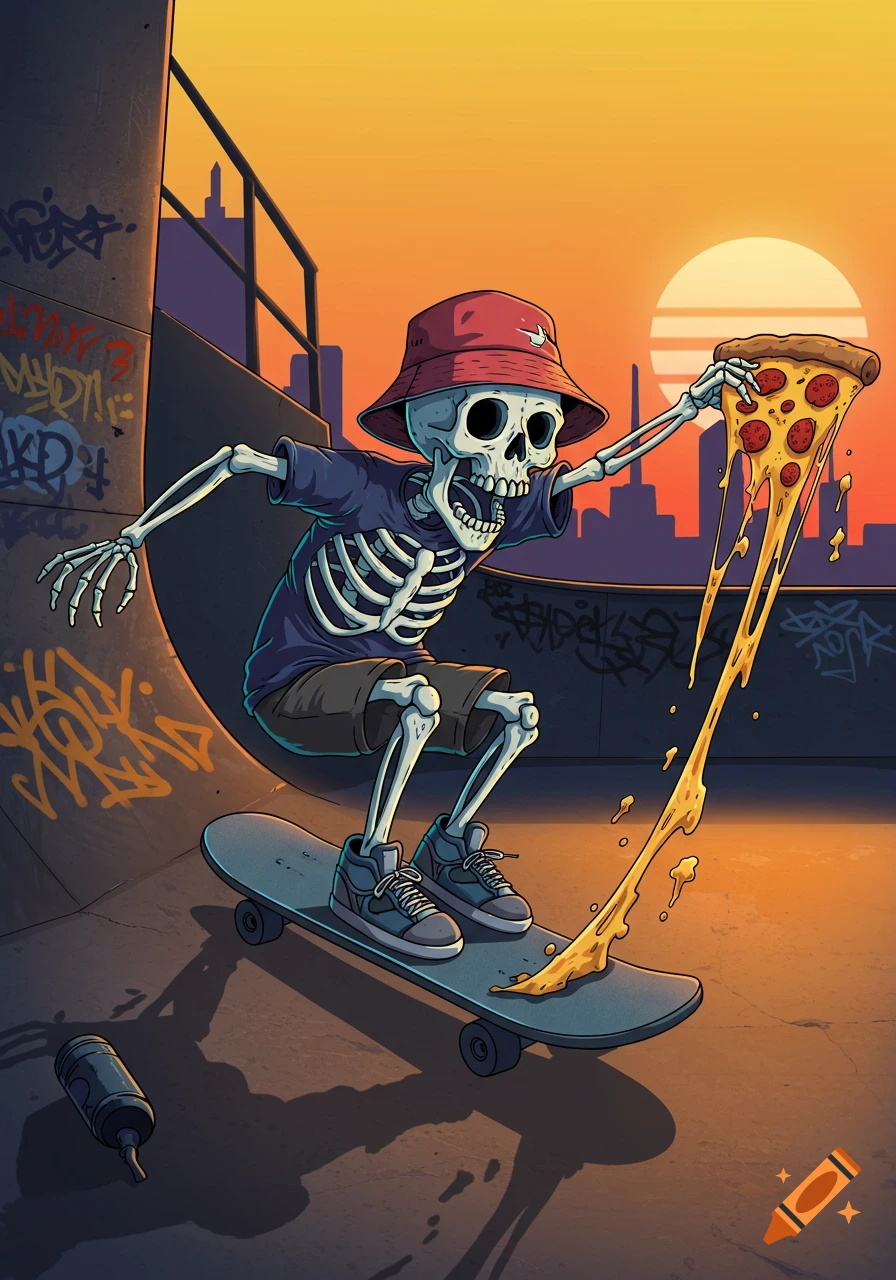 A stylized cartoon skeleton in a bucket hat and t-shirt rides a skateboard in a skate park at sunset, holding a slice of pepperoni pizza with long, stringy melted cheese. Graffiti covers the walls and ramps, and a city skyline is in the background.