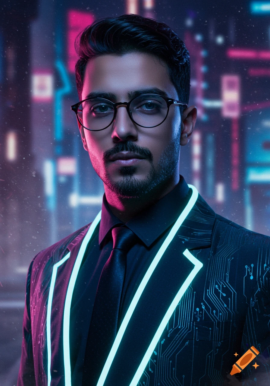 Young Arabian man in eyeglasses and stubble wears a black cyberpunk suit with glowing neon lines, against a blurred futuristic city background.