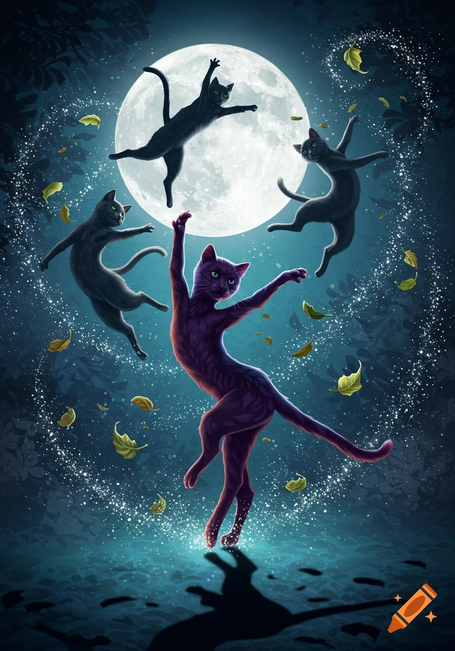 Stylized illustration of four cats dancing and leaping under a full moon with magical sparkles and floating leaves at night.