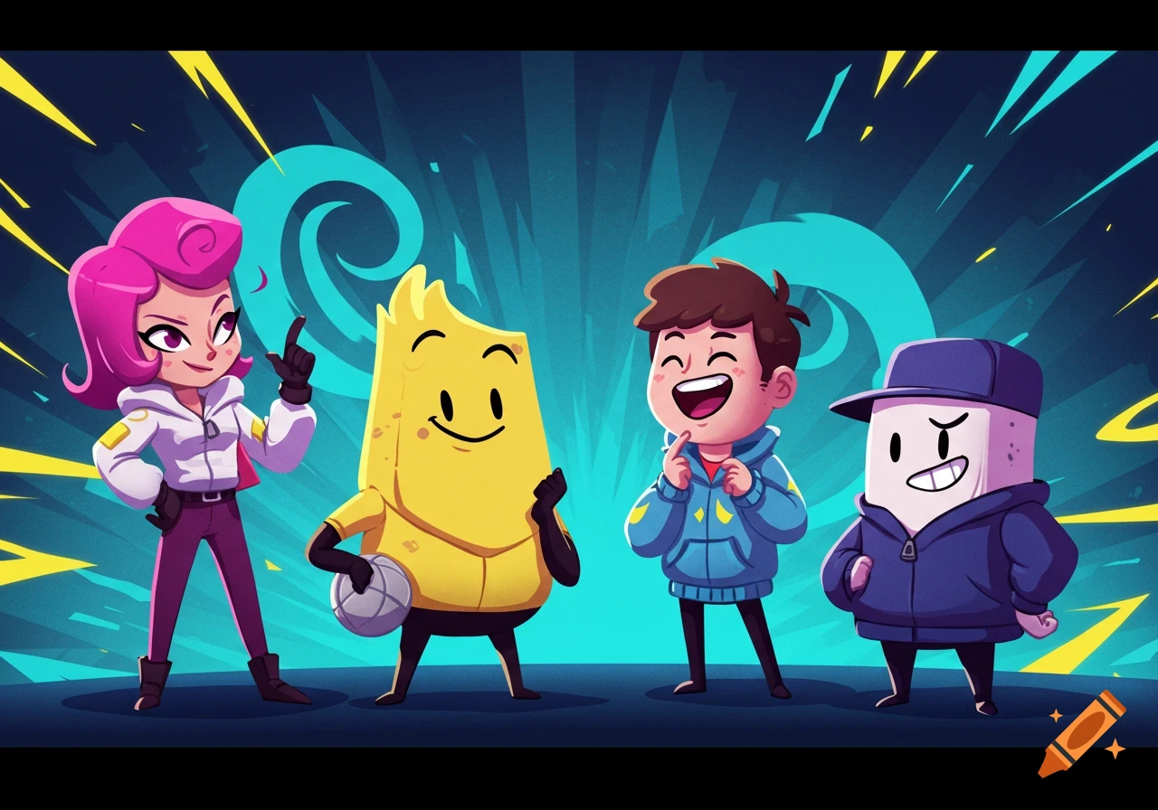 Four cartoon characters: a pink-haired girl, a yellow block with a ball, a boy, and a white block in a cap, against a vibrant blue background.