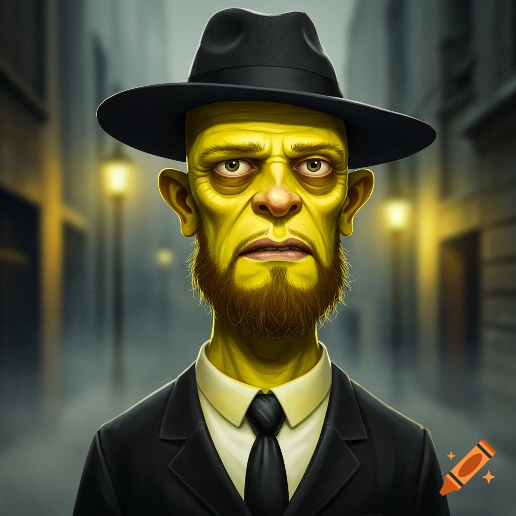 A stylized portrait of a yellow-skinned man with a beard, wearing a black suit, white shirt, black tie, and a black fedora.