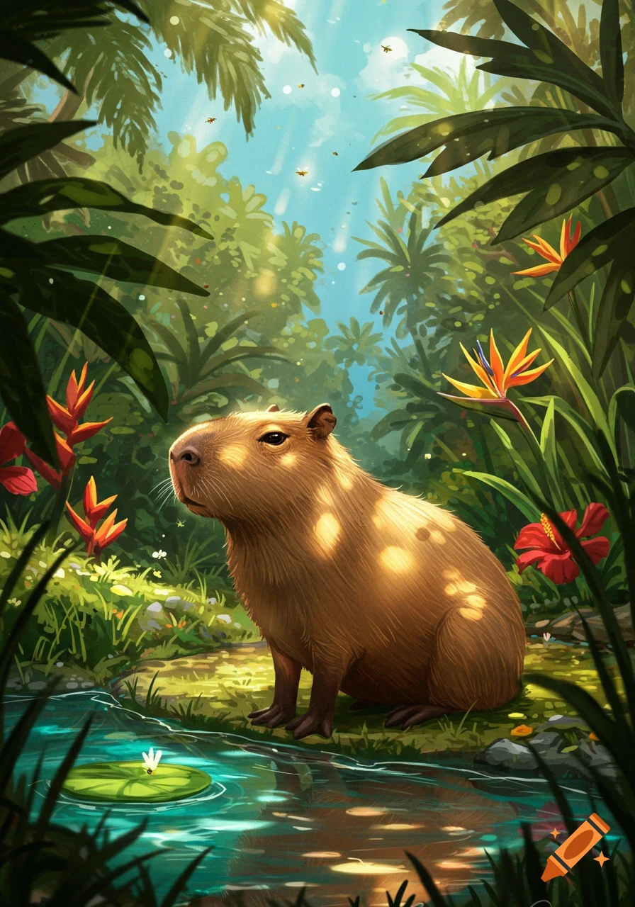 A friendly capybara sits by a stream in a lush, sun-dappled tropical jungle, illustrated in a vibrant, whimsical style.