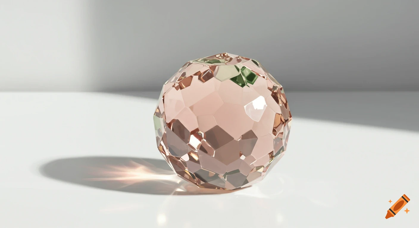 A clear, faceted pinkish-orange crystal sphere sits on a white surface with subtle shadows and reflections.