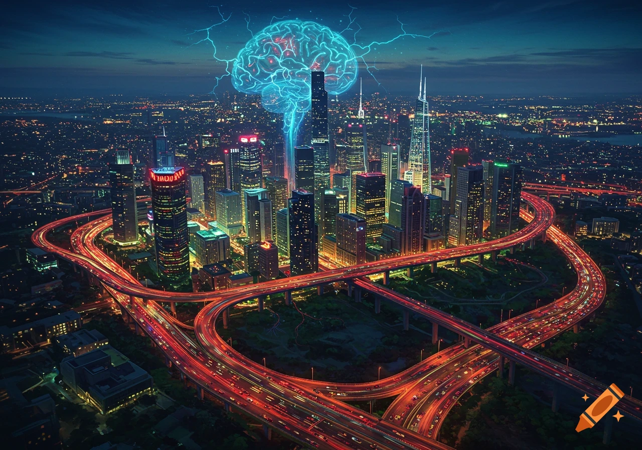 Aerial view of a futuristic city at night with a glowing blue brain above skyscrapers and red light trails on highways.
