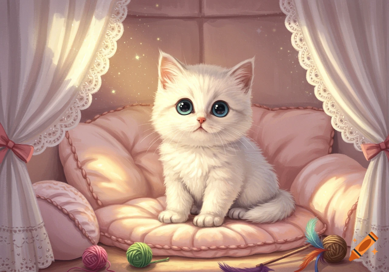 A cute, fluffy white kitten with large blue eyes sits on a pink cushion, surrounded by lace curtains and toys in a whimsical illustration.