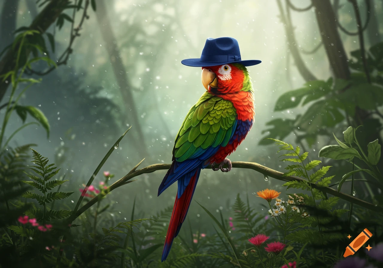 A colorful parrot wearing a blue fedora perched on a branch in a misty jungle.
