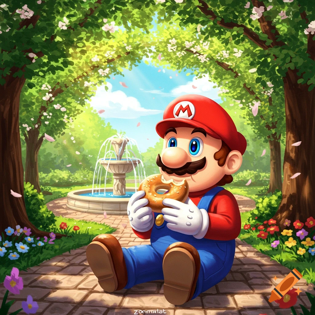 Mario sits on a paved path in a sunny park, eating a bagel. Cherry blossom petals fall around a distant fountain.