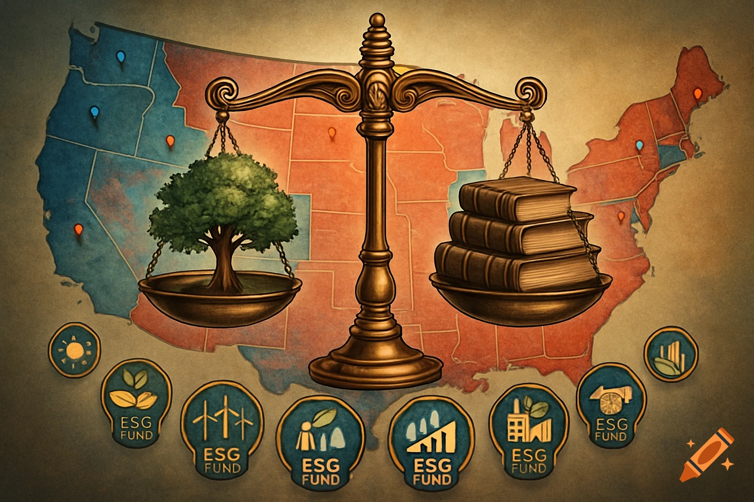 A set of scales balancing a tree and a stack of books, set against a political map of the U.S., with ESG fund icons below.