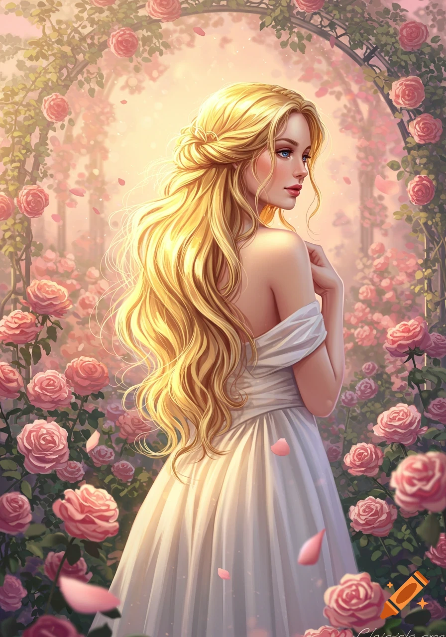 A beautiful blonde woman in a white dress stands in a vibrant rose garden under an archway, digital art style.