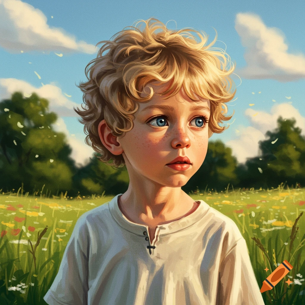 Illustrated portrait of a fair-skinned boy with curly blonde hair and blue eyes, looking to the side in a sunny field.