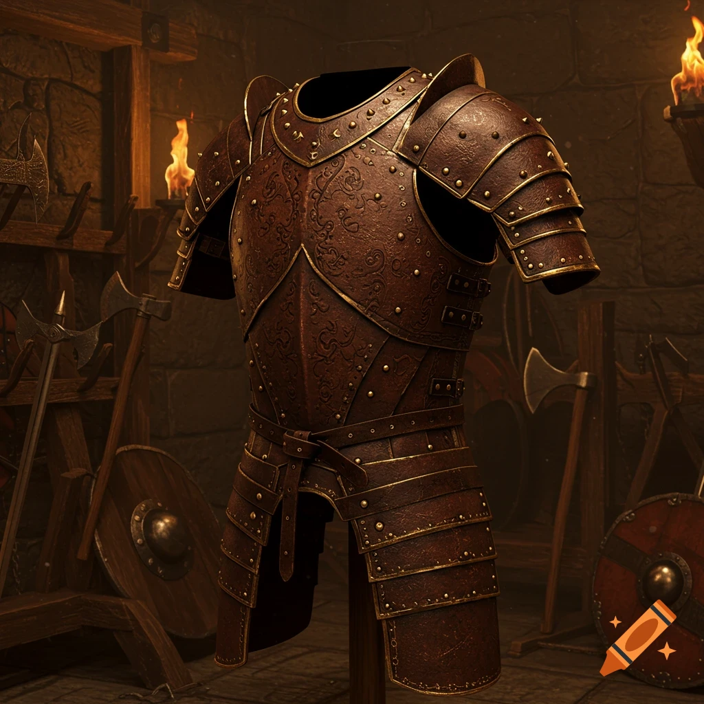 Detailed brown studded leather fantasy armor displayed in a dark stone armory with axes, swords, and shields.