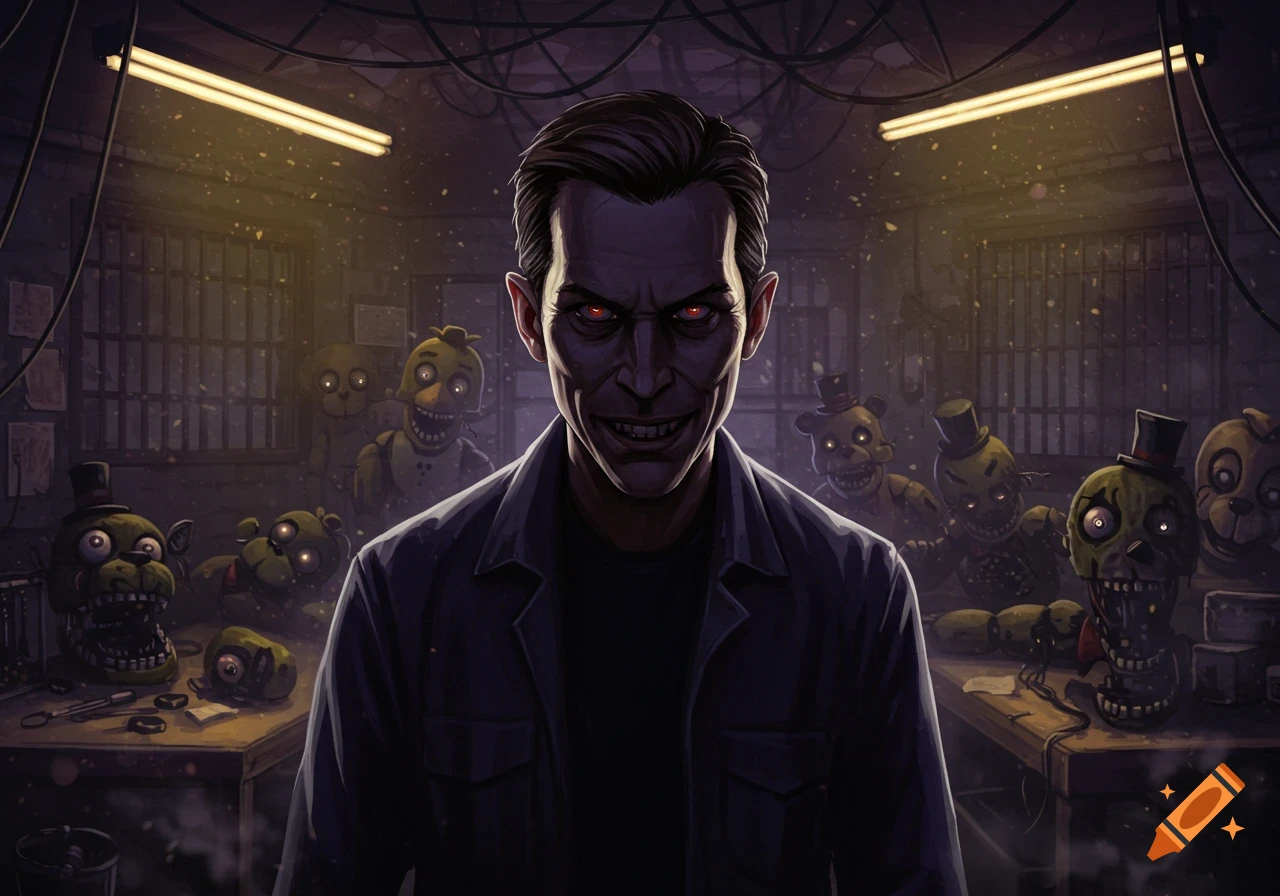 A sinister man with glowing red eyes and a dark grin stands in a creepy room surrounded by menacing, broken animatronics in a dark, stylized art style.
