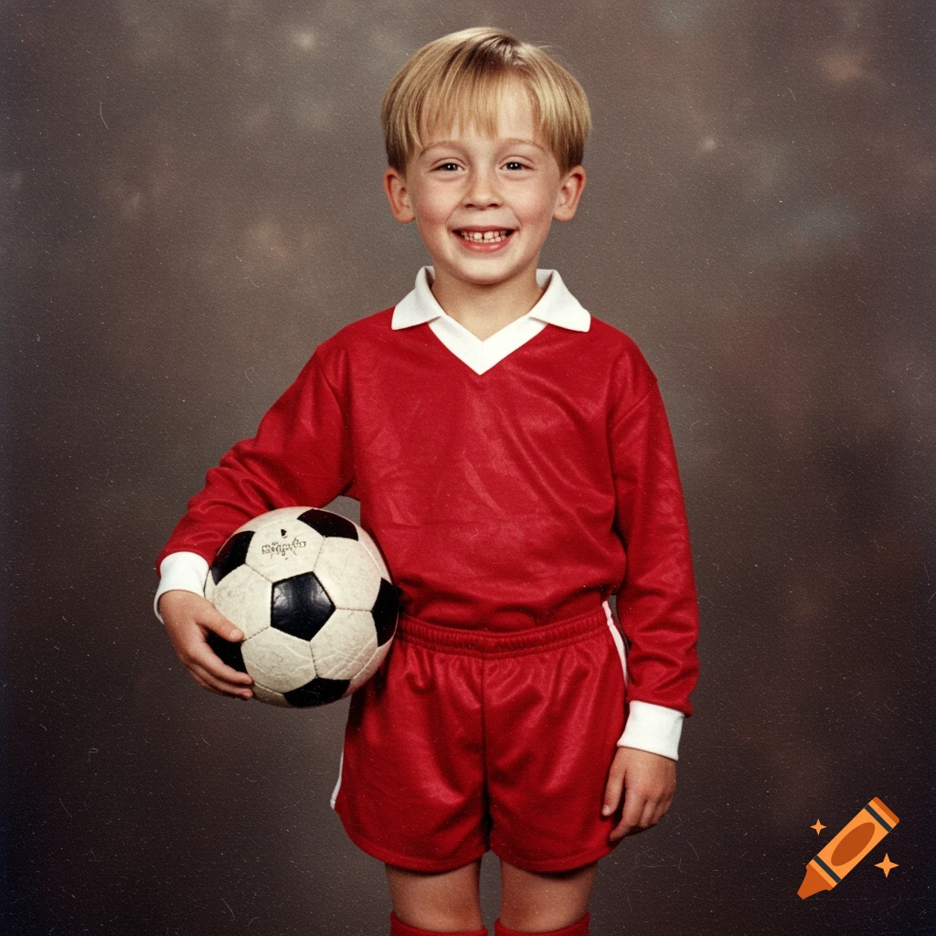 A smiling young boy with blonde hair in a red soccer uniform holds a black and white soccer ball, posing for a yearbook photo.