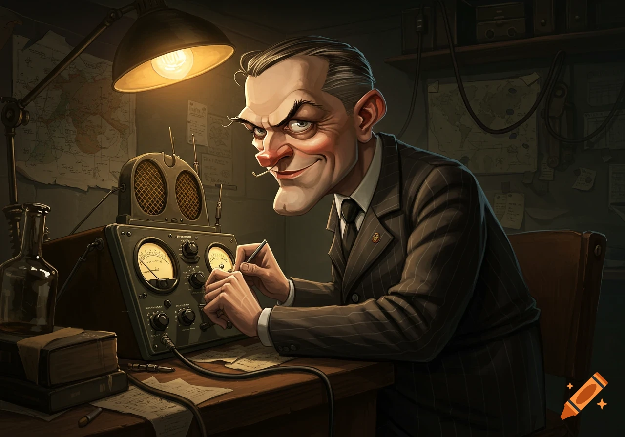 Caricature of a suspicious man with a thin mustache operating a vintage ham radio in a dimly lit, cluttered room.
