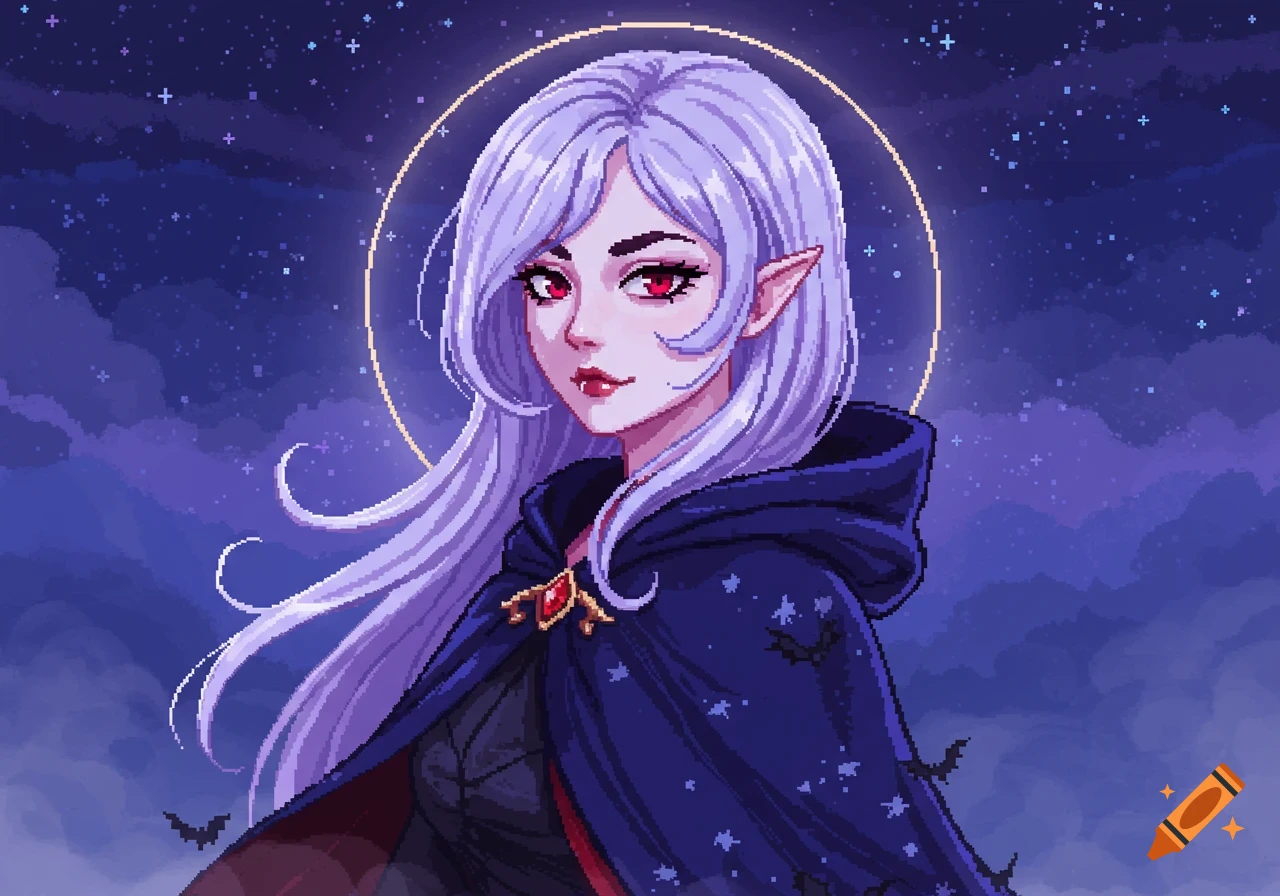 Pixel art portrait of a vampire girl with silver hair, red eyes, and pointy ears, wearing a dark cloak under a starry night sky.