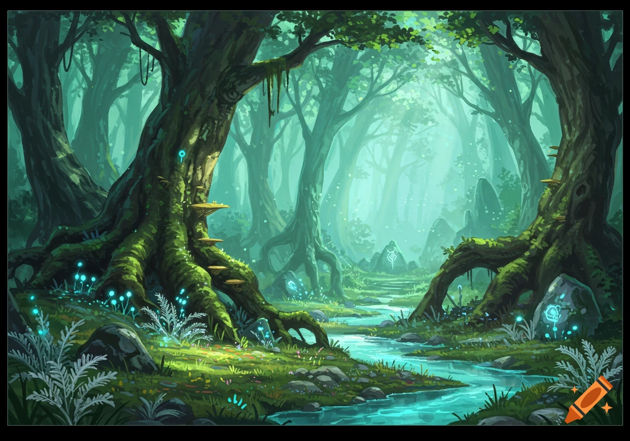 A vibrant fantasy forest with towering mossy trees, glowing blue plants, a winding stream, and mist-filled sunlight.