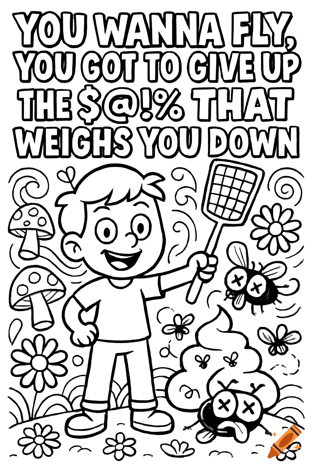 A black and white cartoon coloring page shows a boy with a fly swatter, dead flies, and a cartoon poop pile, with text: 'YOU WANNA FLY, YOU GOT TO GIVE UP THE $@!% THAT WEIGHS YOU DOWN.'