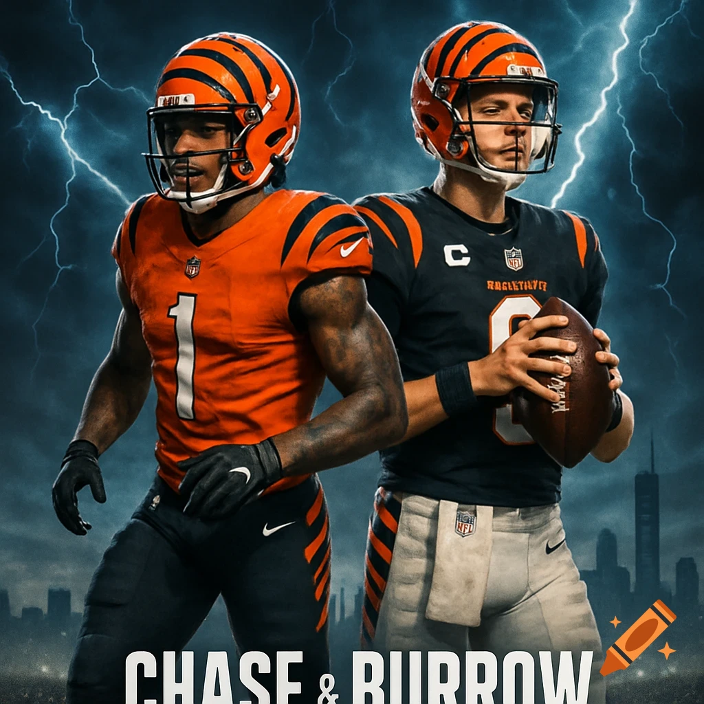 A dynamic poster of Ja'Marr Chase and Joe Burrow in Cincinnati Bengals uniforms, with lightning in the background and a city skyline. Text at the bottom reads "CHASE & BURROW".