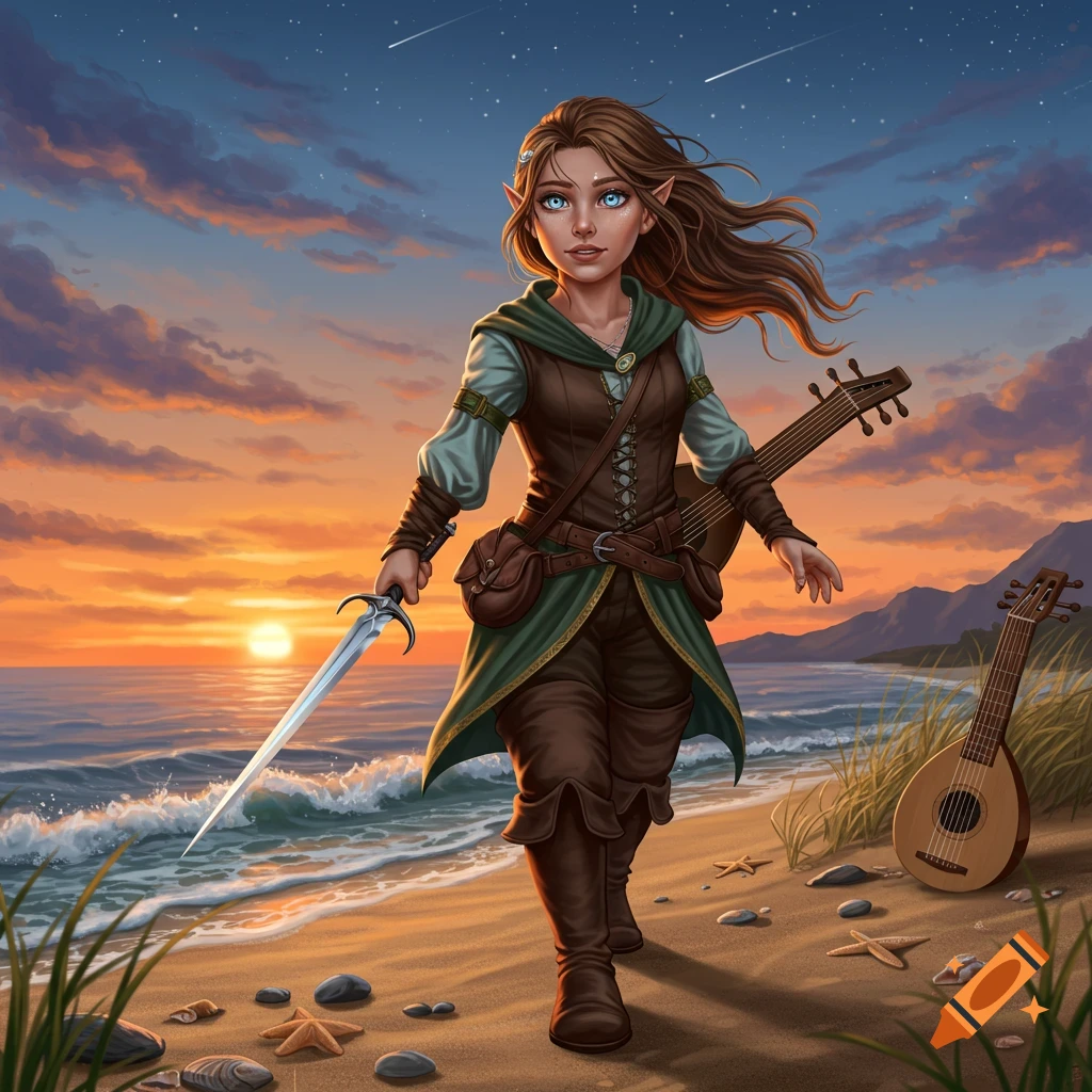 A female halfling bard walks on a beach at sunset, holding a sword and carrying a lute.