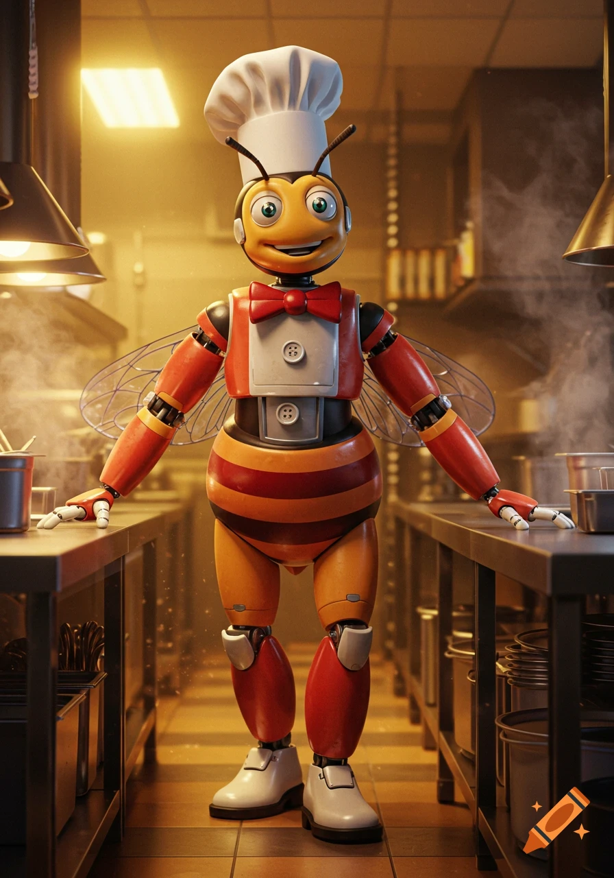 A photorealistic animatronic bee chef in a white hat and red bowtie stands in a warmly lit kitchen with steam rising.