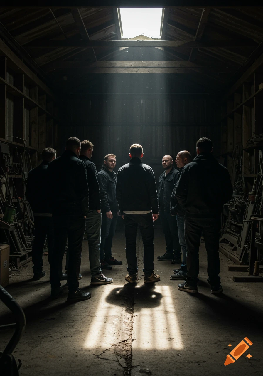 A group of men in dark clothing stand in a dimly lit, dusty shed with a strong beam of sunlight shining from a skylight onto the floor.