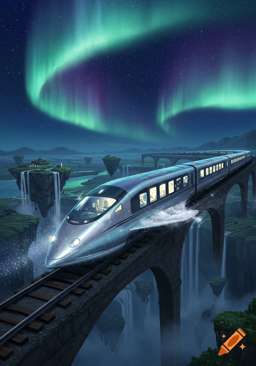 A futuristic silver bullet train travels on an arched bridge over waterfalls and floating islands under a vibrant green aurora borealis night sky.