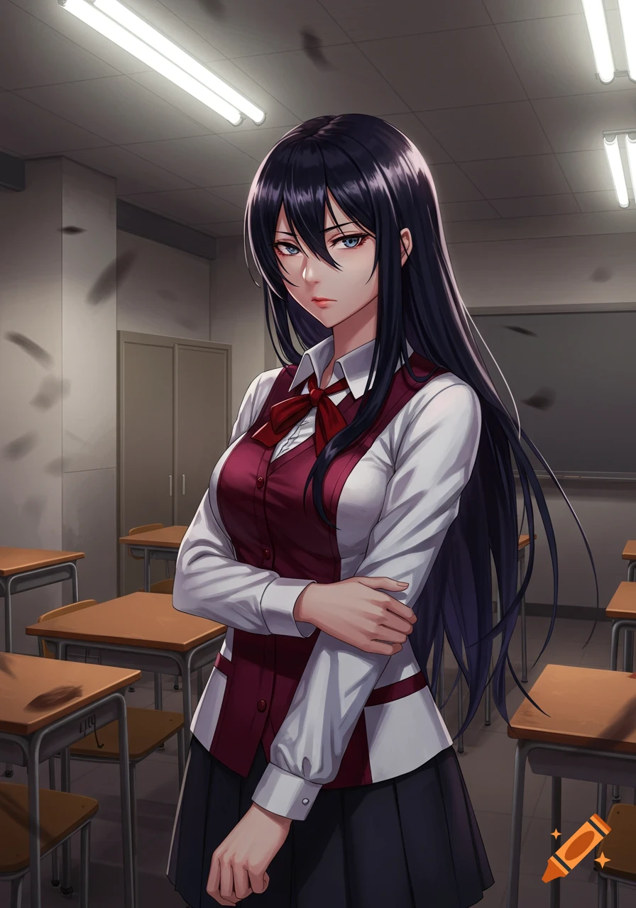 Anime-style female character with long dark hair, wearing a white shirt, red vest, and dark skirt, standing in a classroom.