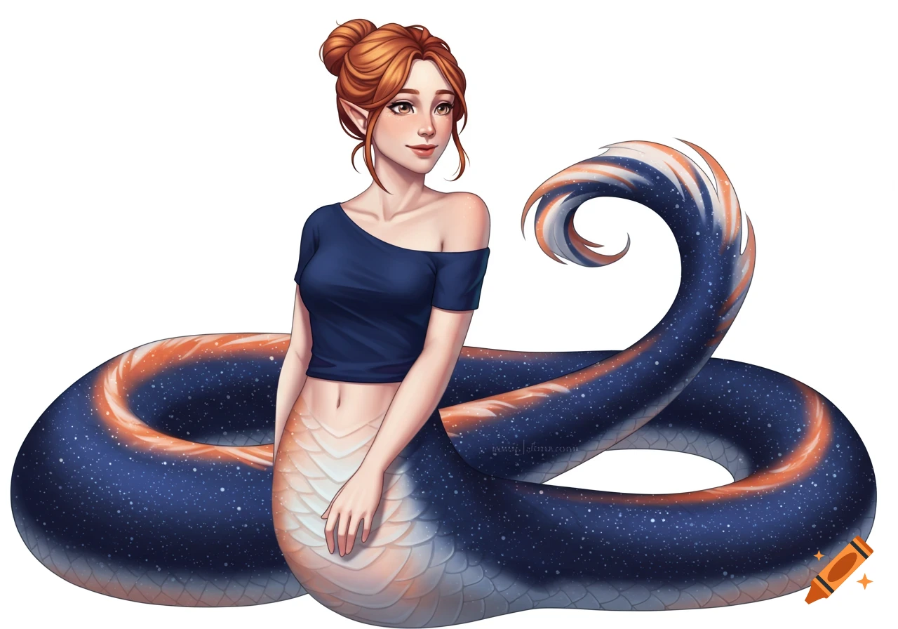 A smiling female naga with auburn hair in a bun and pale skin, wearing a navy blue off-shoulder crop top. Her lower body is a navy blue snake tail with orange and white starry accents.
