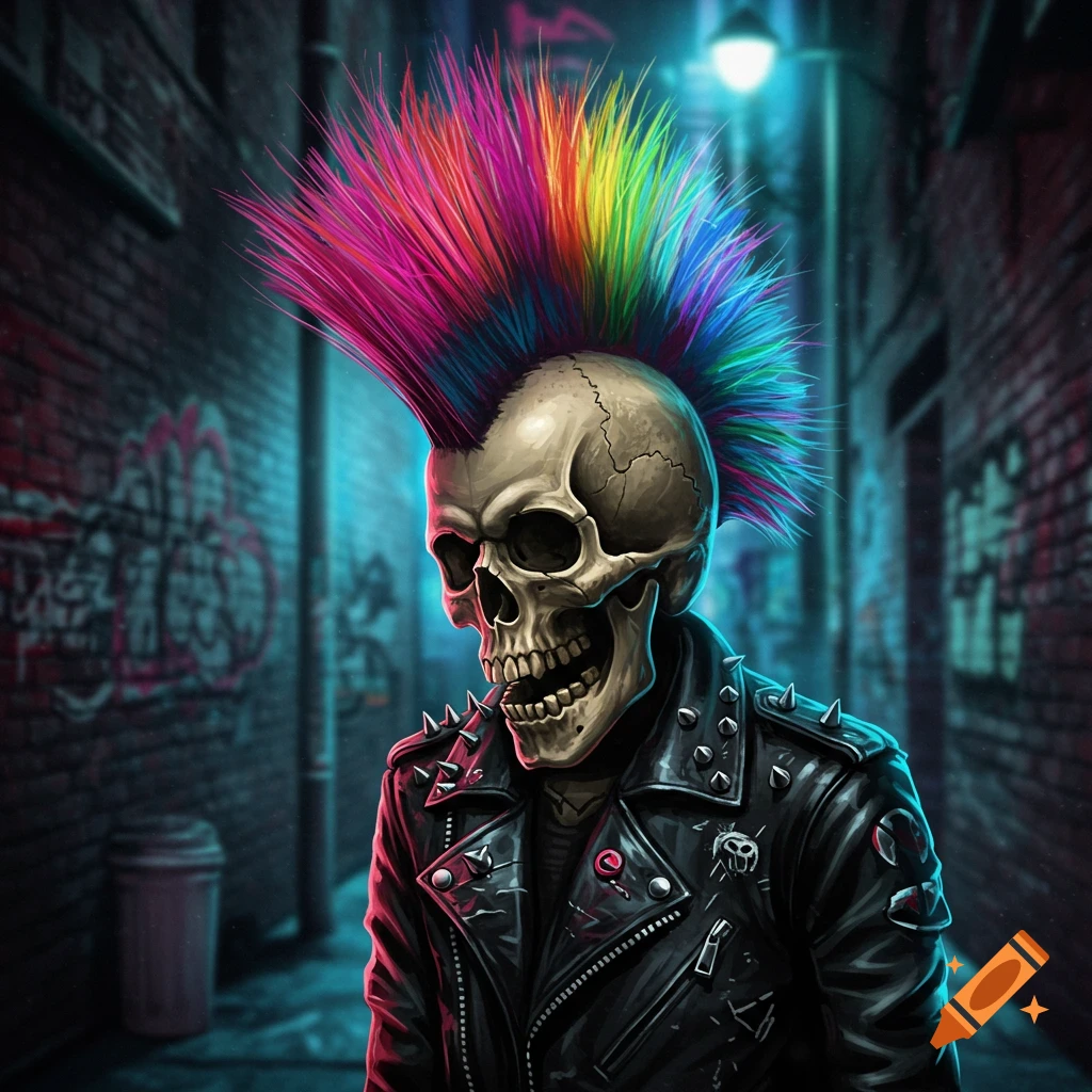 A skull wearing a black spiked leather jacket and a vibrant rainbow mohawk stands in a dimly lit, graffiti-covered alley at night.
