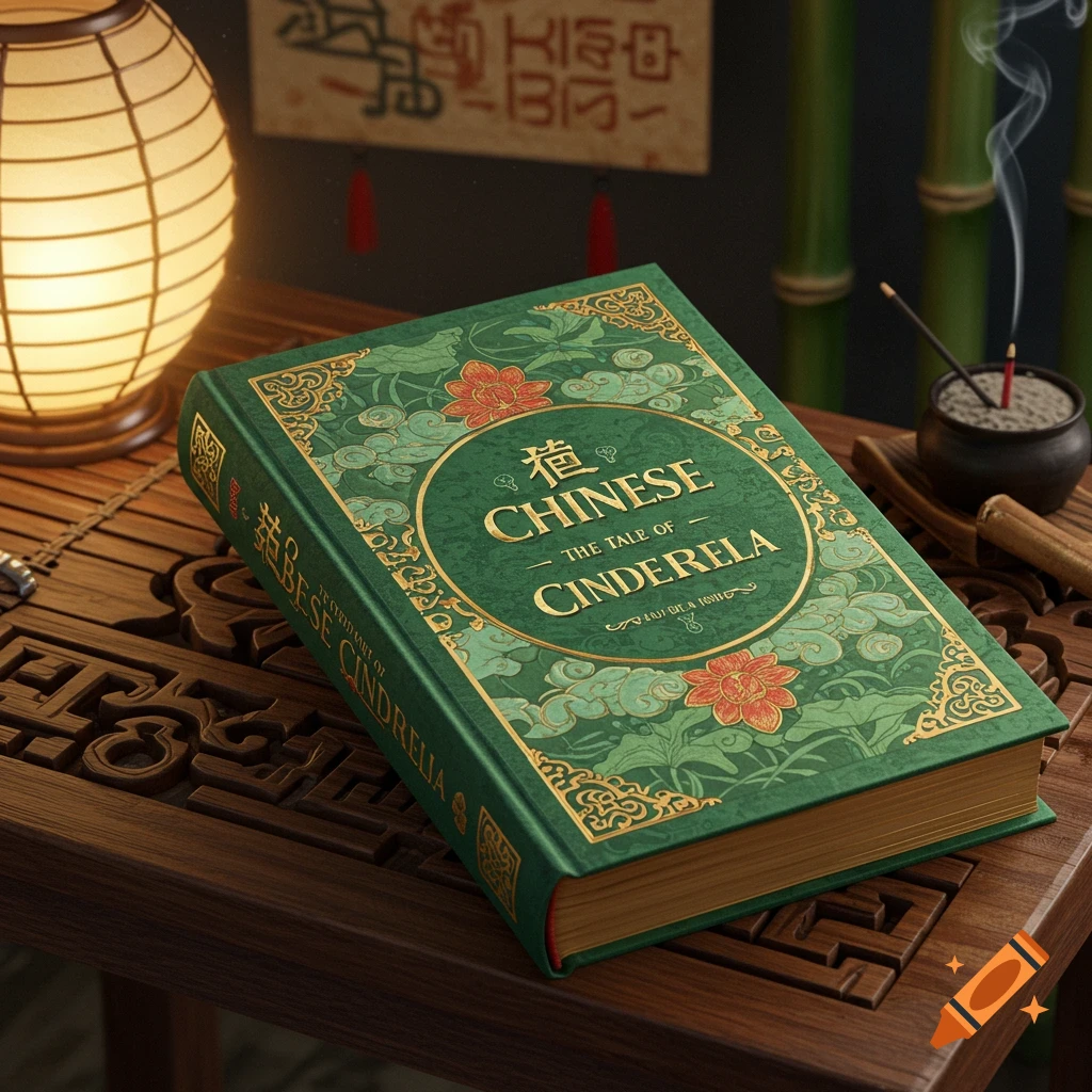 A dark green book with gold and red ornate Chinese-inspired patterns, titled "Chinese The Tale of Cinderella," rests on a carved wooden table. A glowing lantern, bamboo stalks, and an incense burner are in the background.