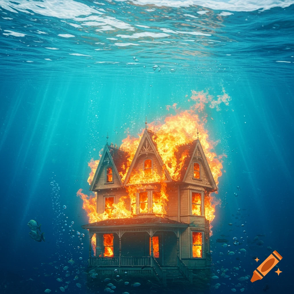 A surreal photorealistic image of a large Victorian-style house ablaze underwater, with sunlight rays filtering through the blue water and fish swimming around.
