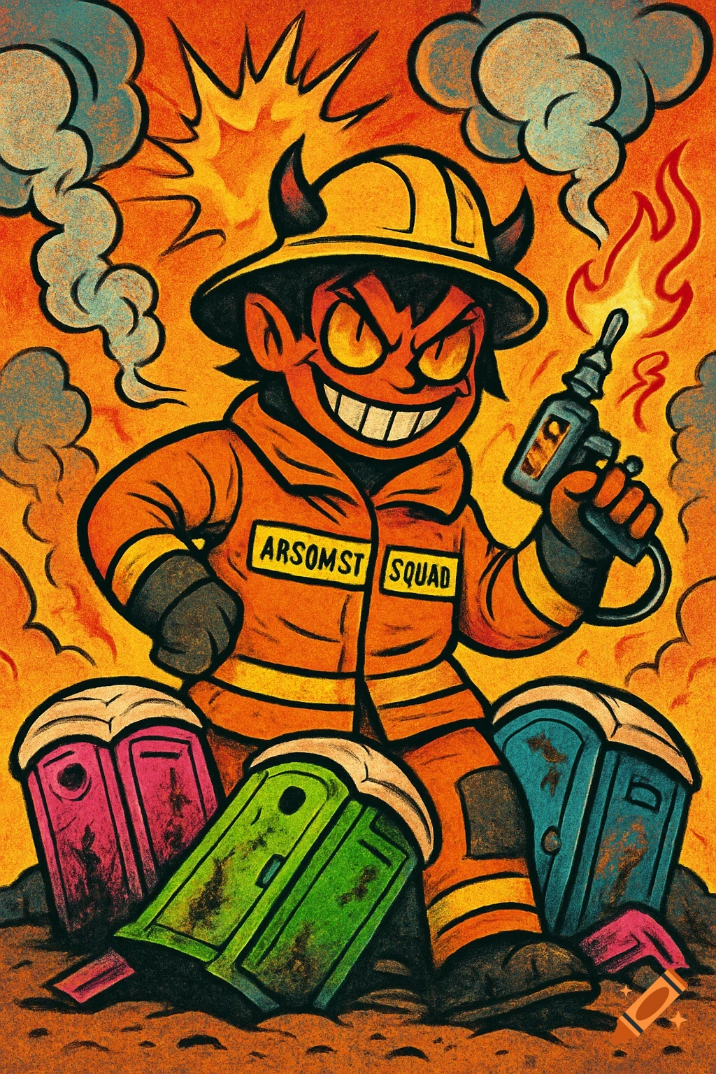 Cartoon devil firefighter with 'ARSOMST SQUAD' text, holding a tool, surrounded by fire and overturned portable toilets.