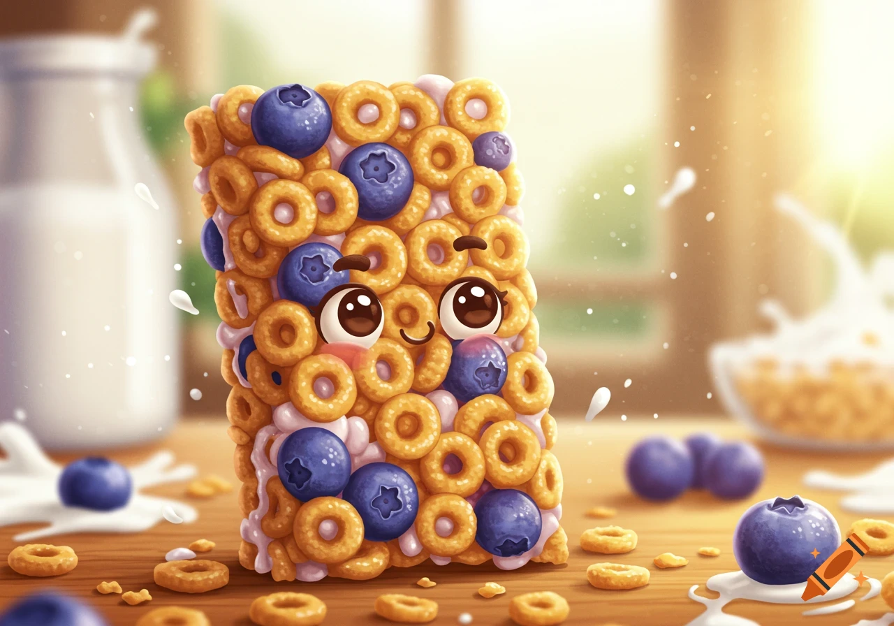 Cheerful cartoon blueberry cereal bar with a face, surrounded by cereal, blueberries, and milk splashes on a wooden table.