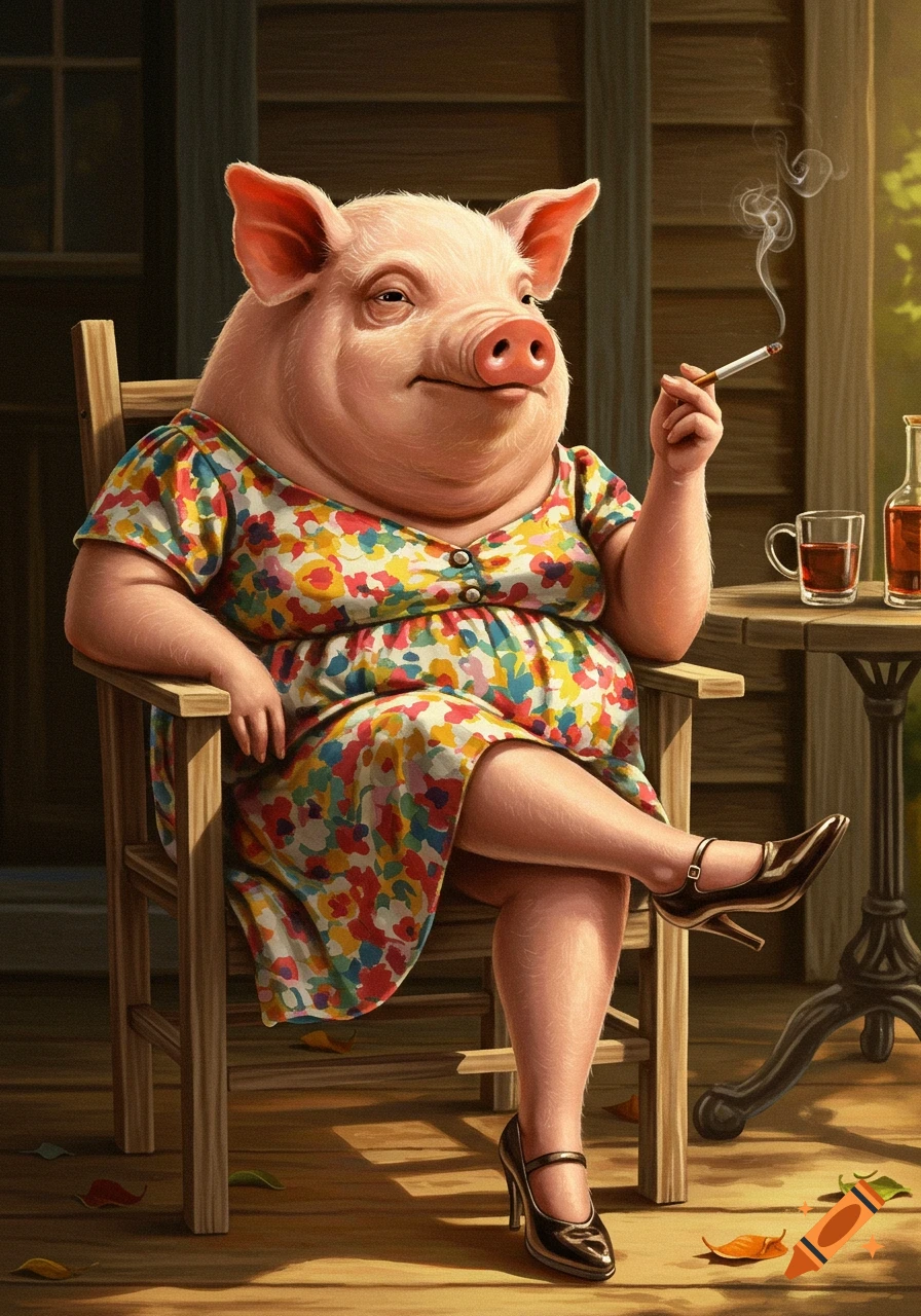 A realistic anthropomorphic pig in a floral dress and high heels sits on a porch, legs crossed, smoking a cigarette.