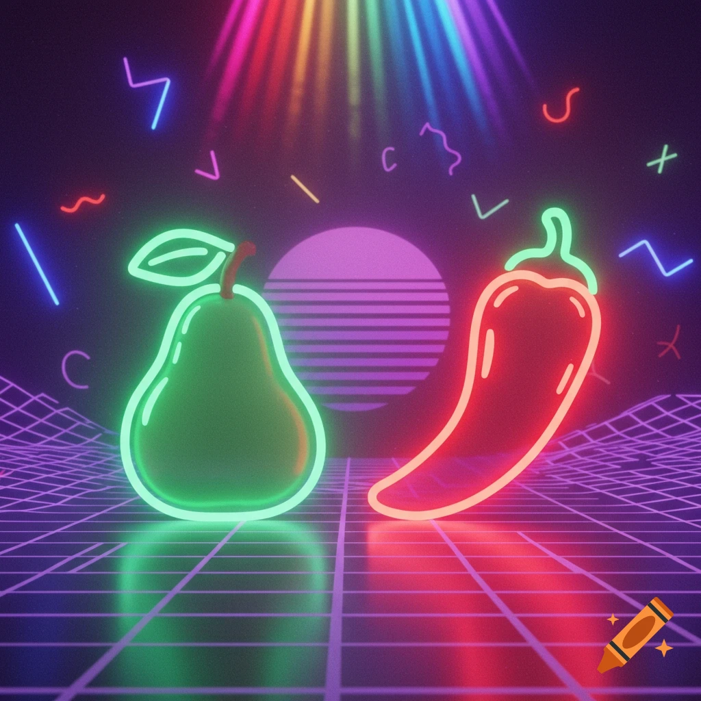 A neon green pear and a red chili pepper on a glowing grid in a retro vaporwave setting with colorful light beams.
