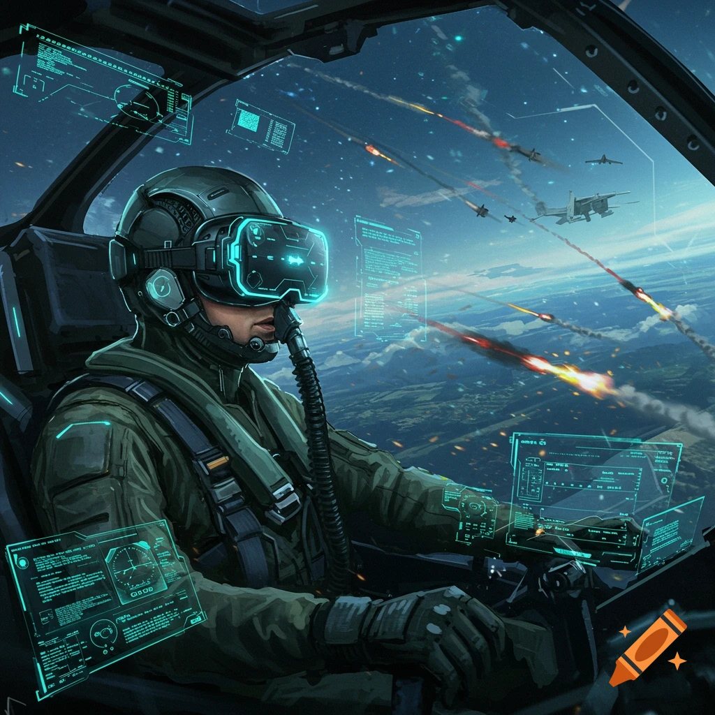 A futuristic pilot wearing a glowing VR headset in a cockpit, surrounded by holographic displays, during an aerial combat in space.
