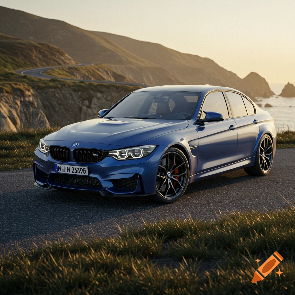 Blue BMW M3 sedan parked on a coastal road overlooking the ocean and mountains at sunset.