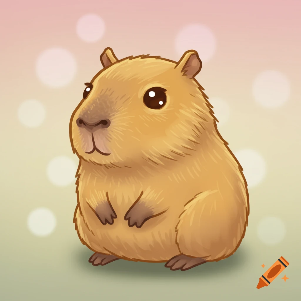 A cute, chubby, brown cartoon capybara with big dark eyes stands against a pink and green bokeh background.