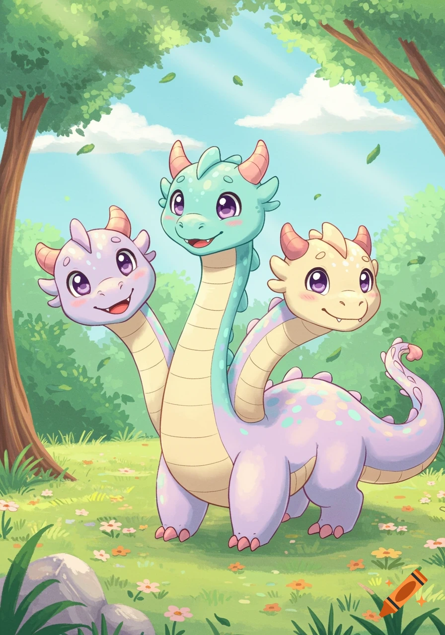 A cute, three-headed pastel hydra monster with pink horns and big eyes stands in a vibrant green forest clearing.