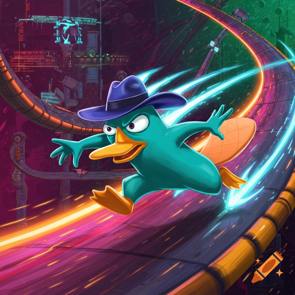 Perry the Platypus, wearing a fedora, runs quickly on a glowing neon track through a futuristic city.