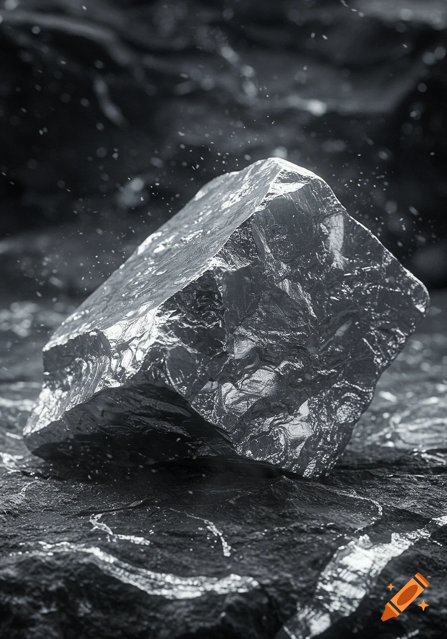 A close-up, photorealistic shot of a large, rough chunk of shiny metallic tin resting on a dark, textured surface, with small particles floating around it.