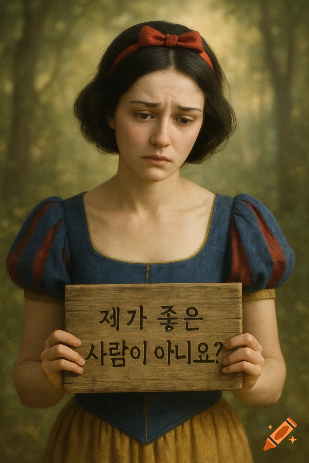 A hyperrealistic portrait of Snow White, frowning and looking down, holds a wooden sign with Korean text that translates to "Am I not a good person?"